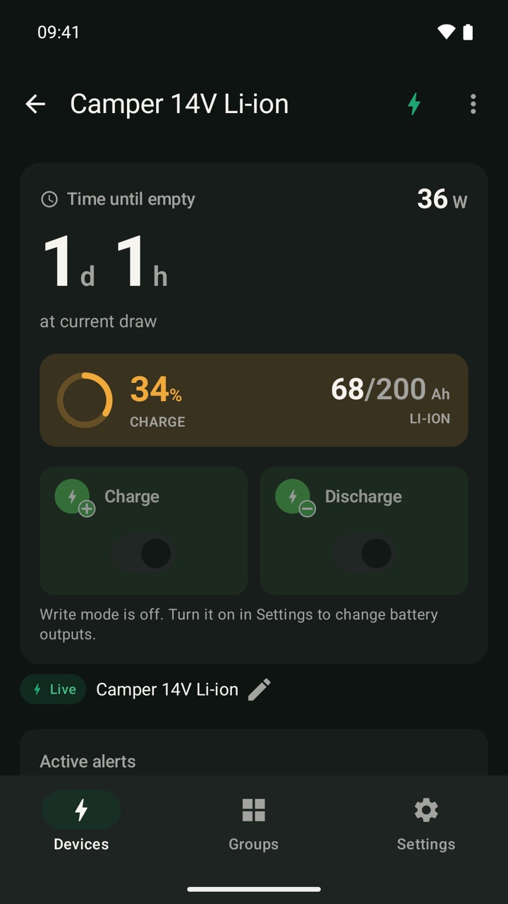 Device page for a camper pack showing an active over-temperature alert in plain text