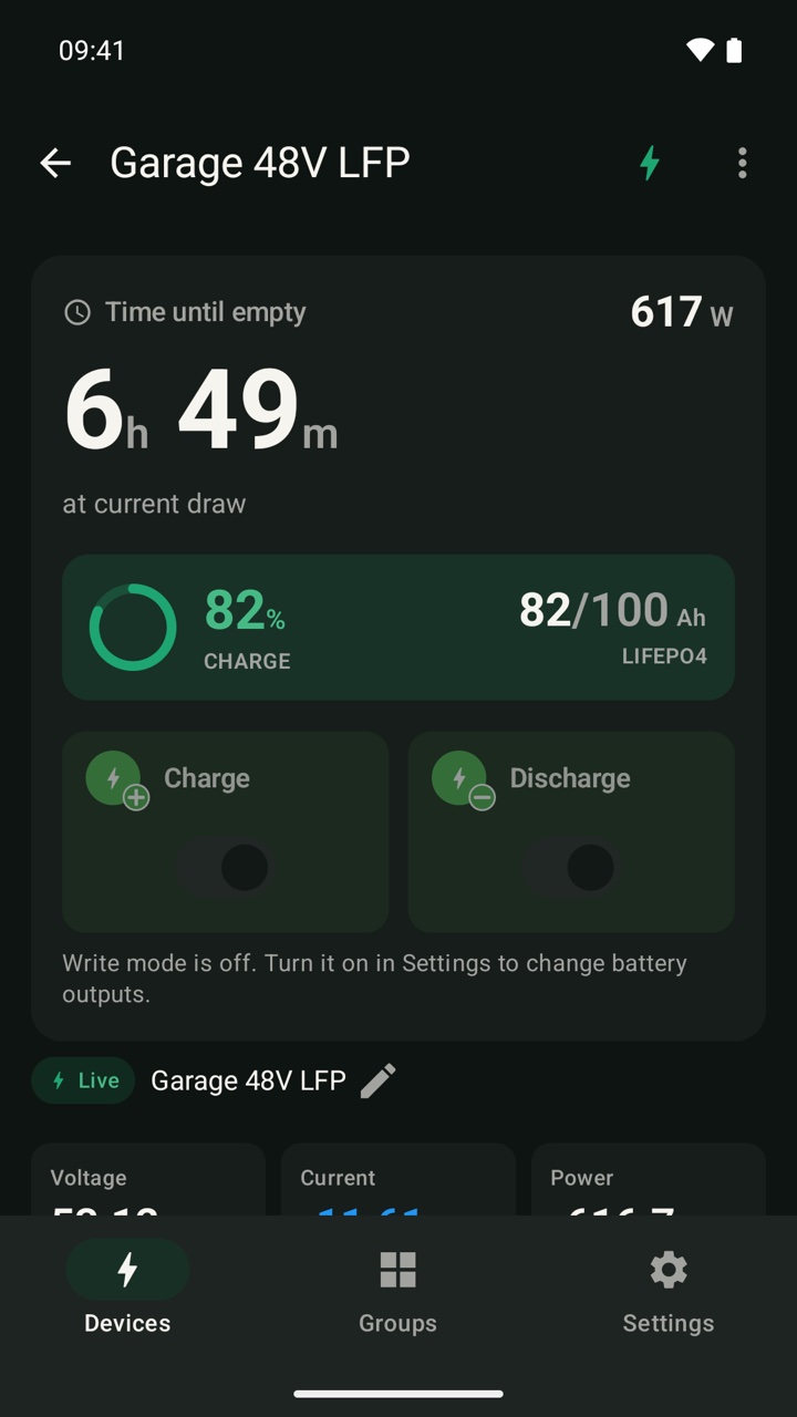 Device page for a 48 volt pack: gauges, capacity, and per-cell voltage bars with balancing marks