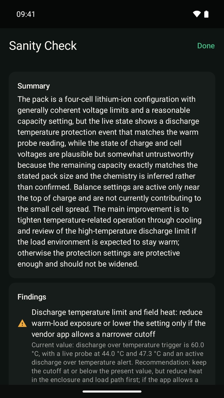 Sanity Check report: a written summary of pack condition, then a graded finding with rationale