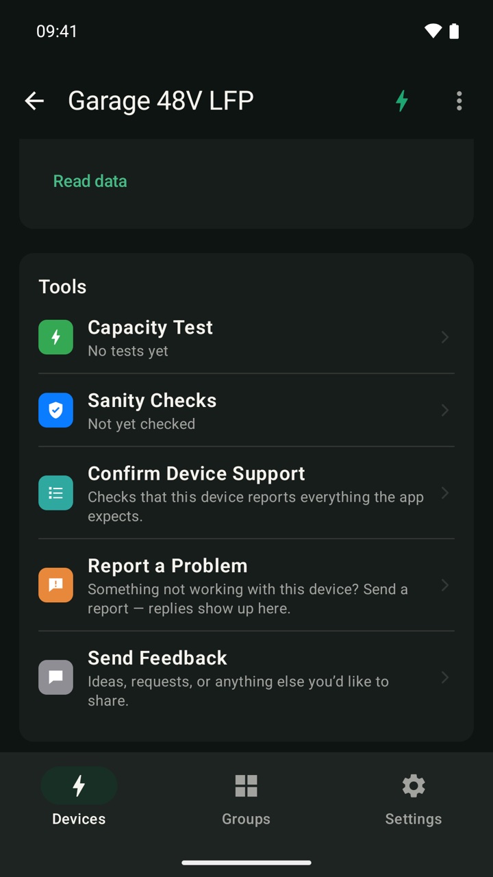 Tools on a device page: Capacity Test, Sanity Check, Confirm Device Support, and feedback buttons
