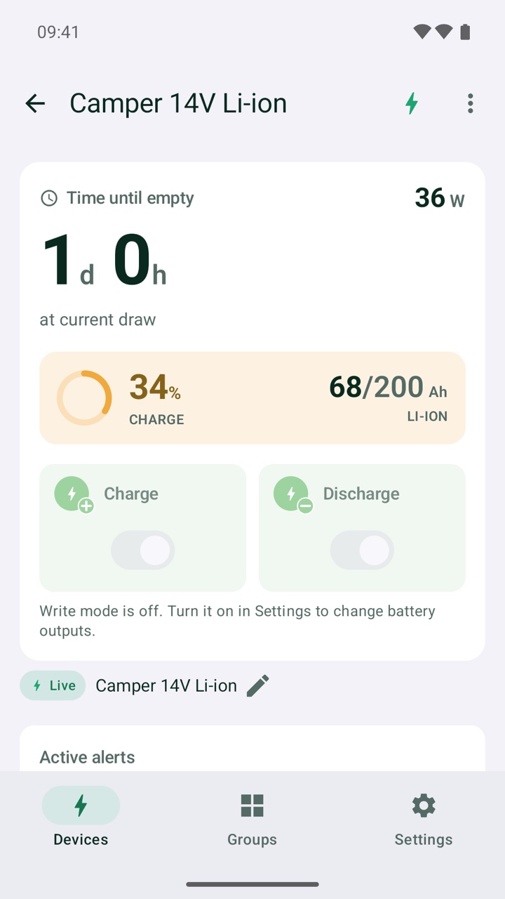 Device page for a camper pack showing an active over-temperature alert in plain text