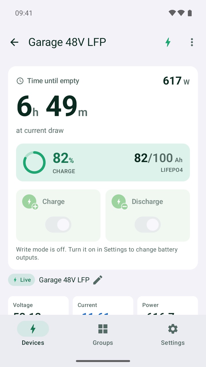 Device page for a 48 volt pack: gauges, capacity, and per-cell voltage bars with balancing marks