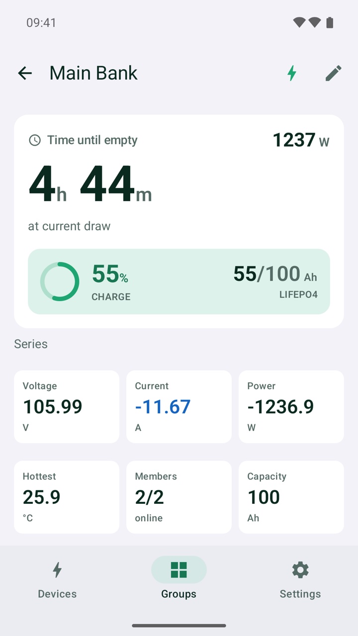 Group page combining two 48 volt packs in series: total voltage, current, and state of charge