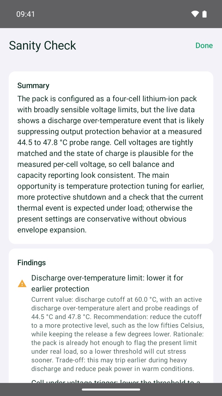 Sanity Check report: a written summary of pack condition, then a graded finding with rationale