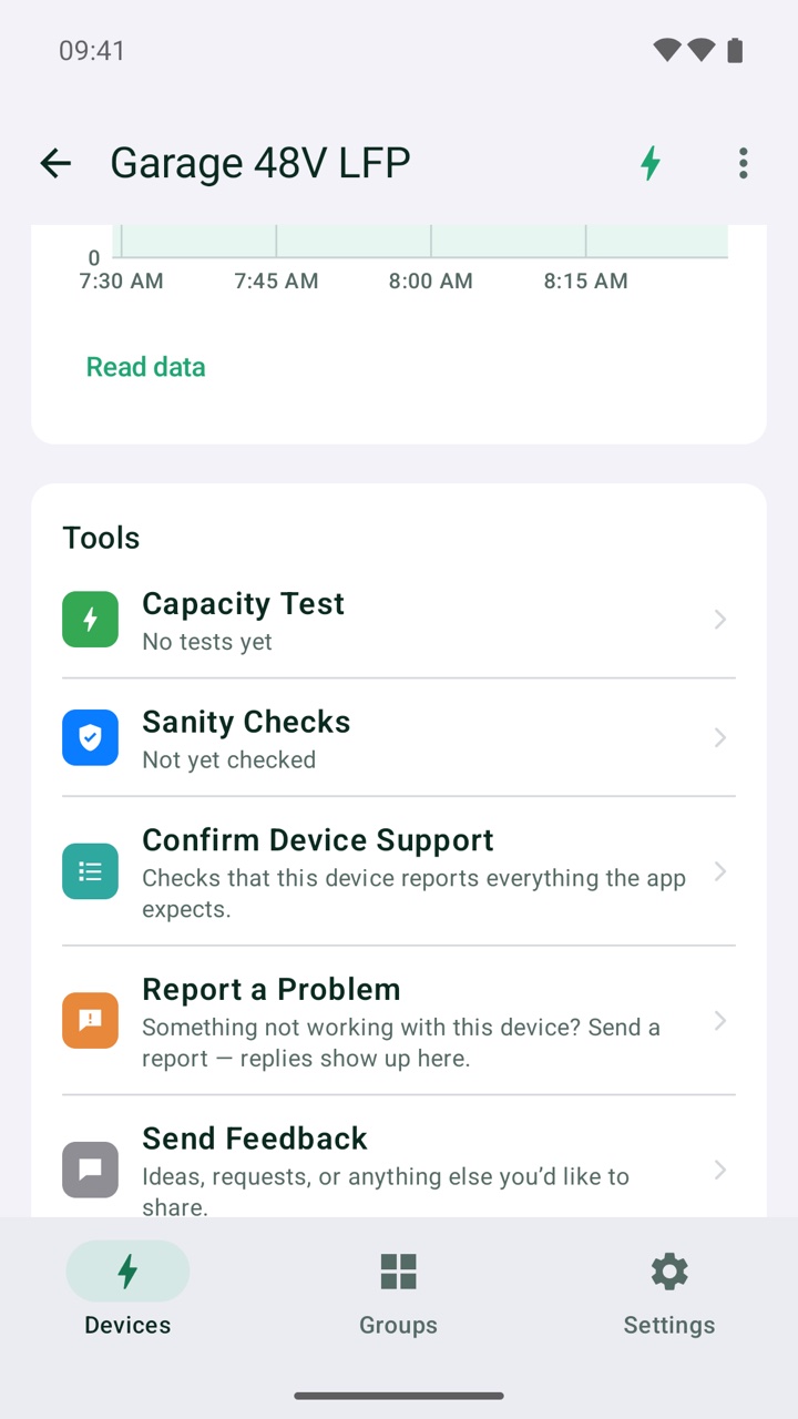 Tools on a device page: Capacity Test, Sanity Check, Confirm Device Support, and feedback buttons