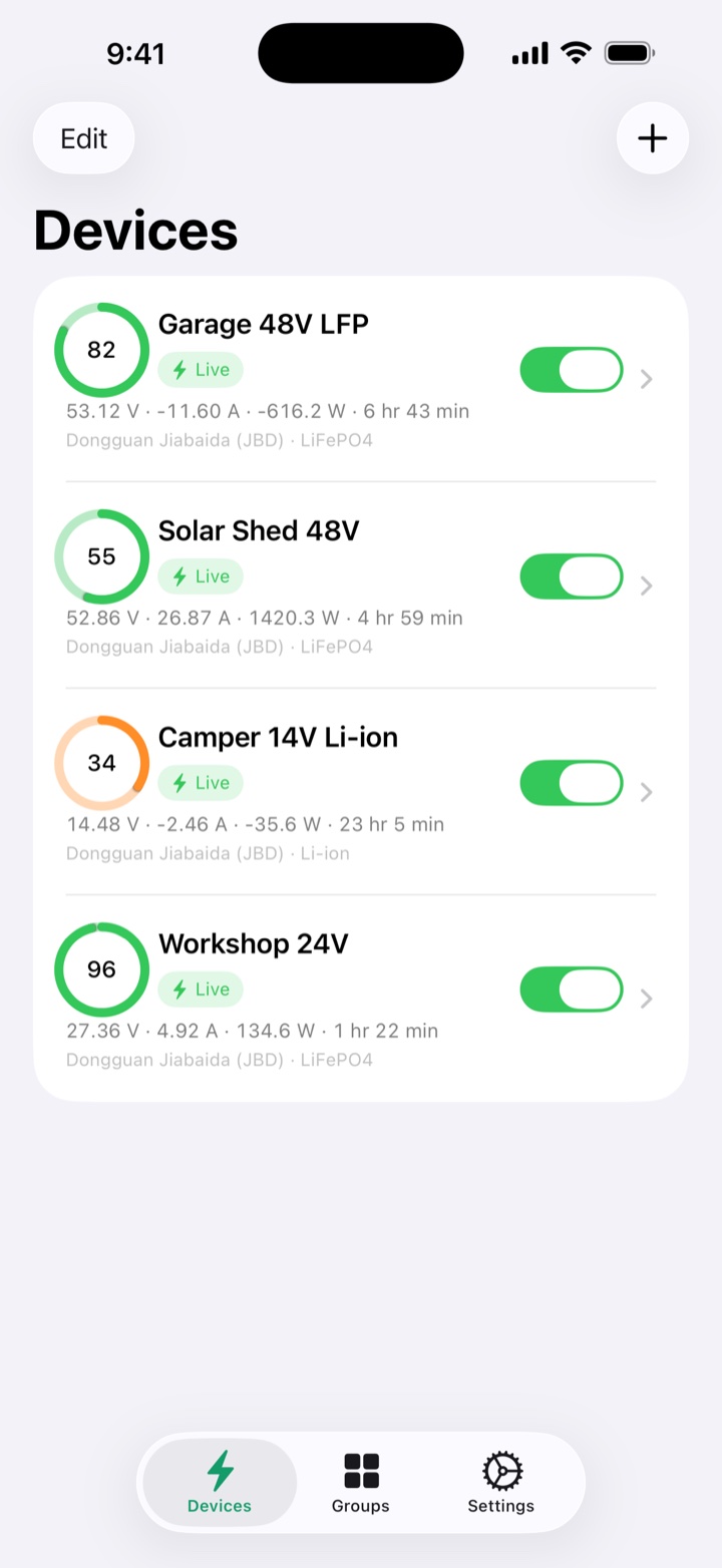 BMS Pal devices list: four battery packs live at once, with charge, voltage, current, and power