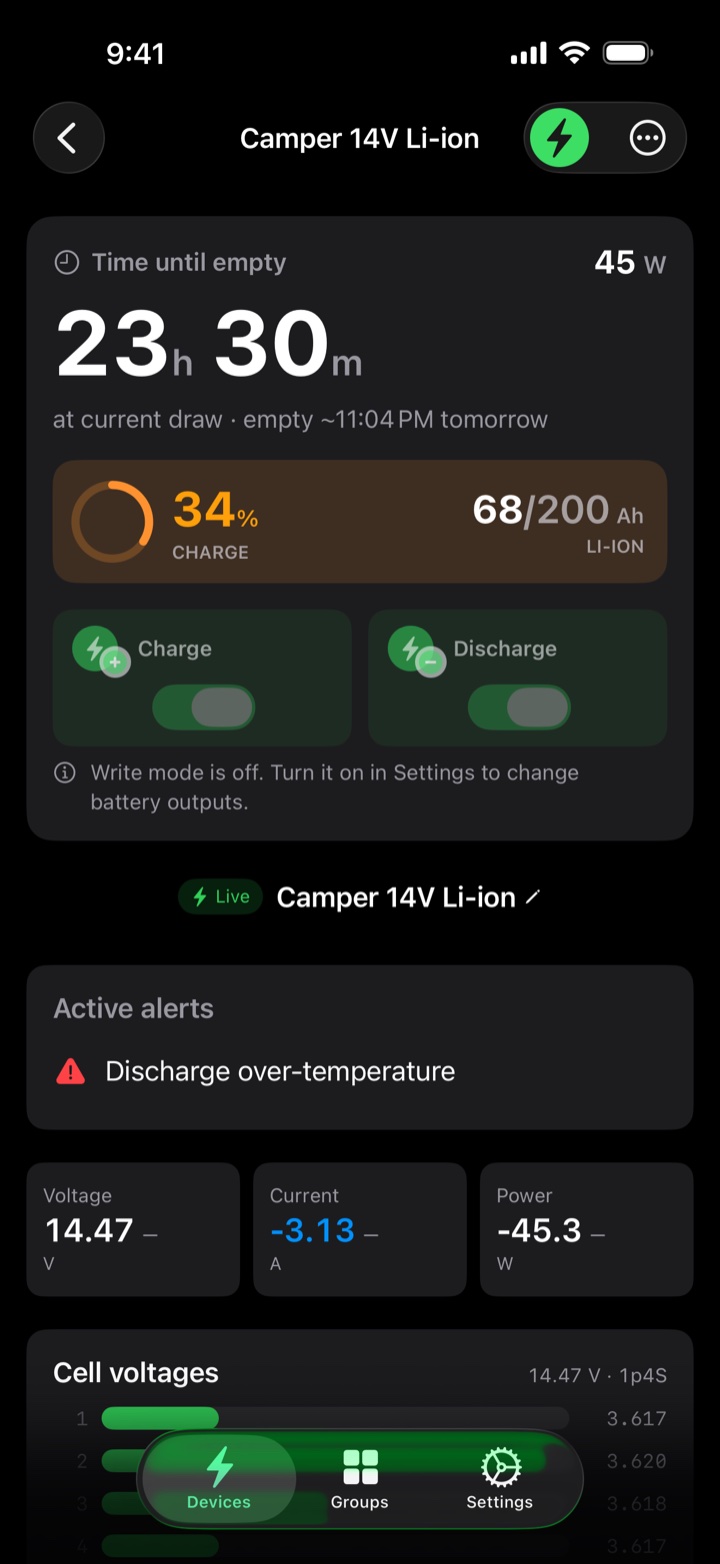 Device page for a camper pack showing an active over-temperature alert in plain text