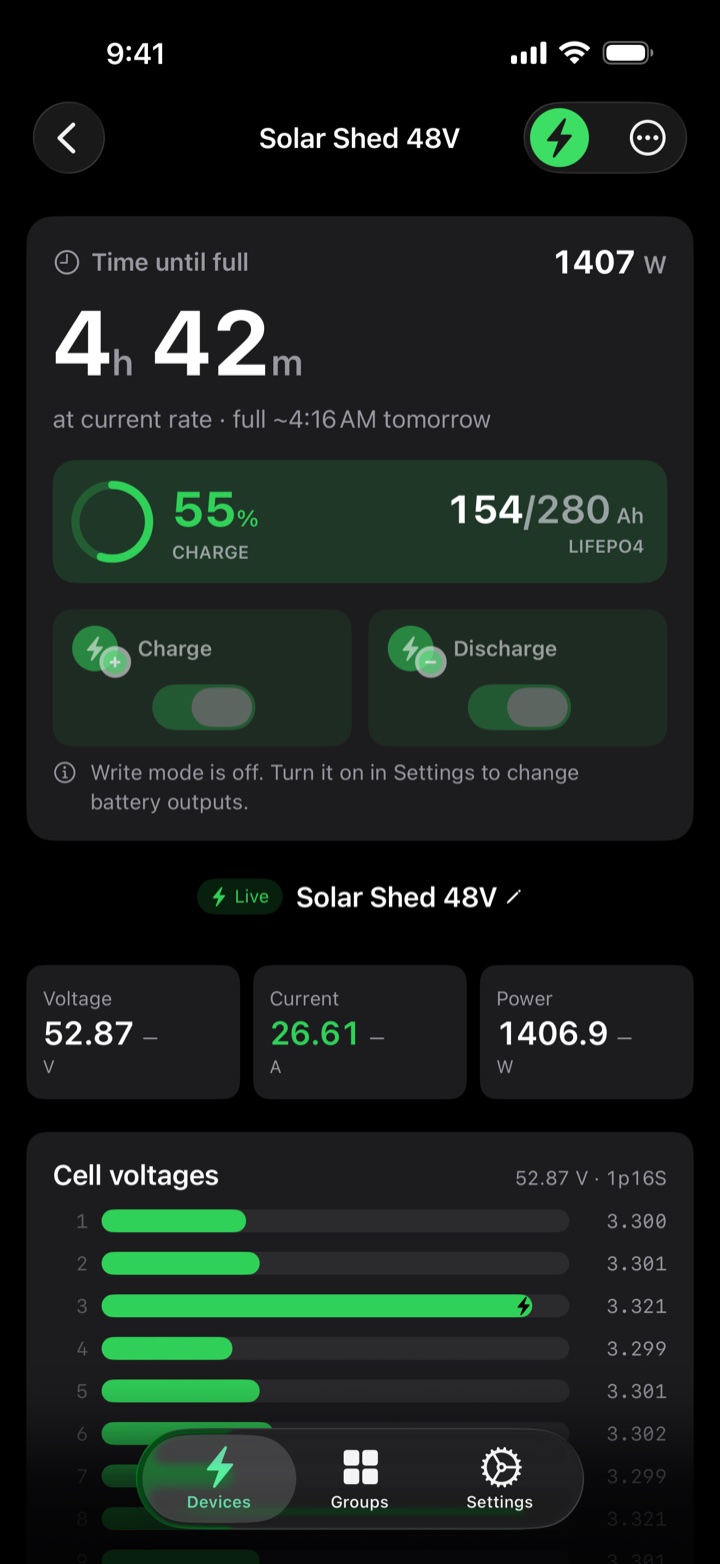 Device page for a 48 volt pack: gauges, capacity, and per-cell voltage bars with balancing marks