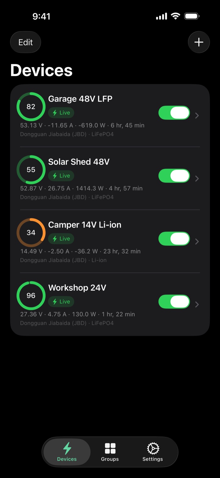 BMS Pal devices list: four battery packs live at once, with charge, voltage, current, and power