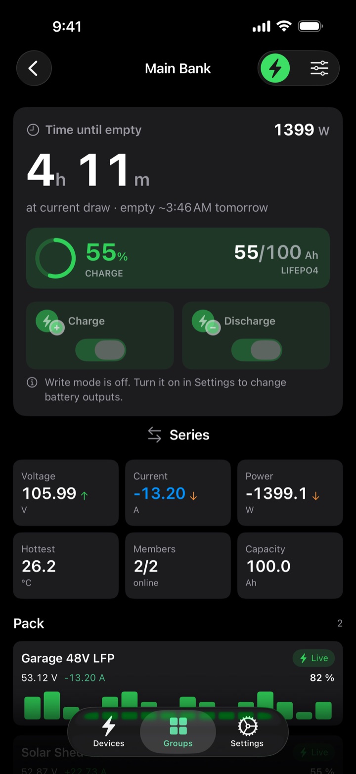Group page combining two 48 volt packs in series: total voltage, current, and state of charge