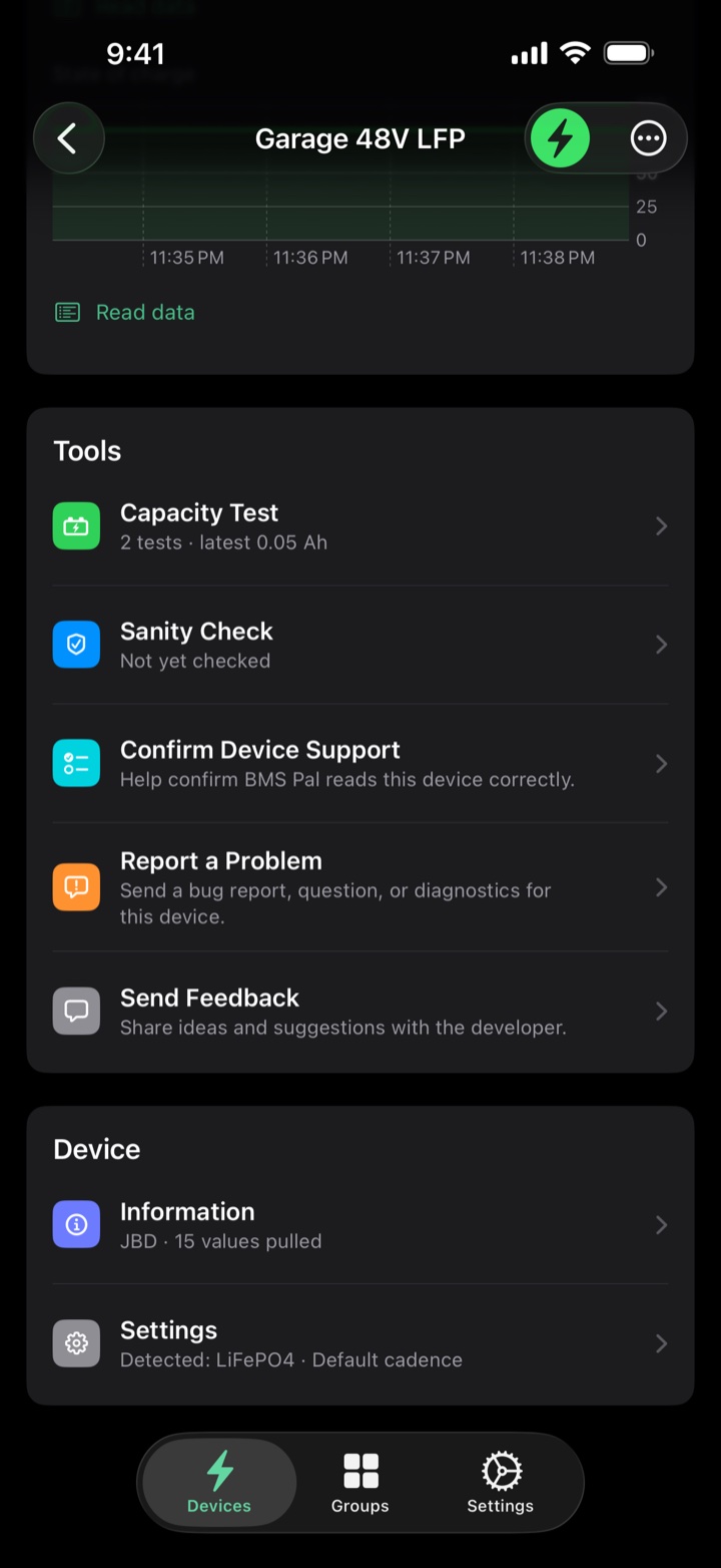 Tools on a device page: Capacity Test, Sanity Check, Confirm Device Support, and feedback buttons