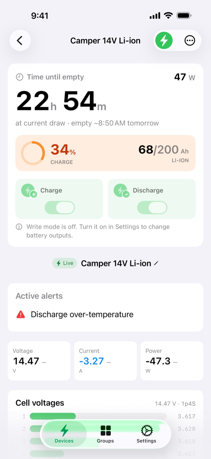 Device page for a camper pack showing an active over-temperature alert in plain text