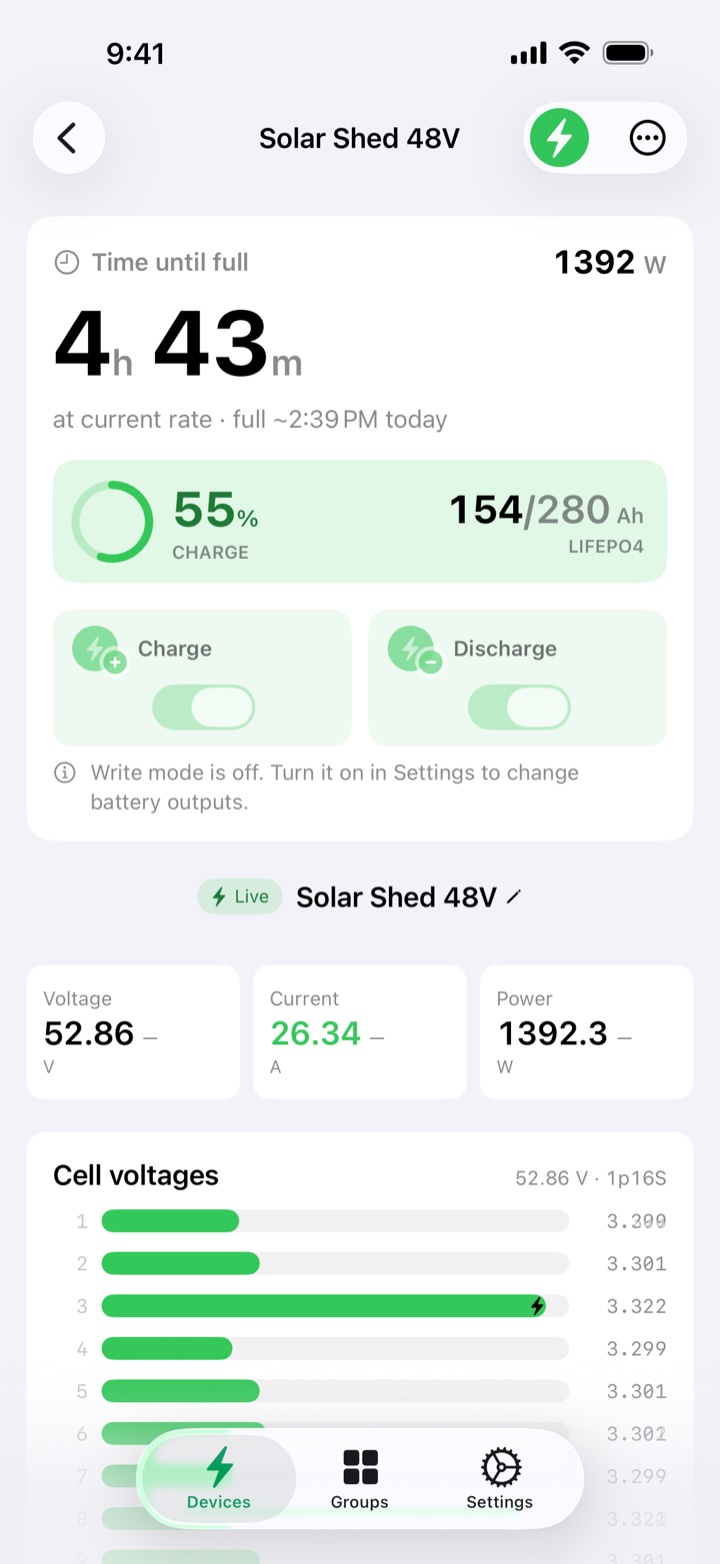 Device page for a 48 volt pack: gauges, capacity, and per-cell voltage bars with balancing marks