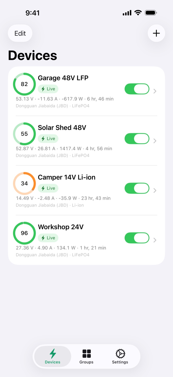 BMS Pal devices list: four battery packs live at once, with charge, voltage, current, and power