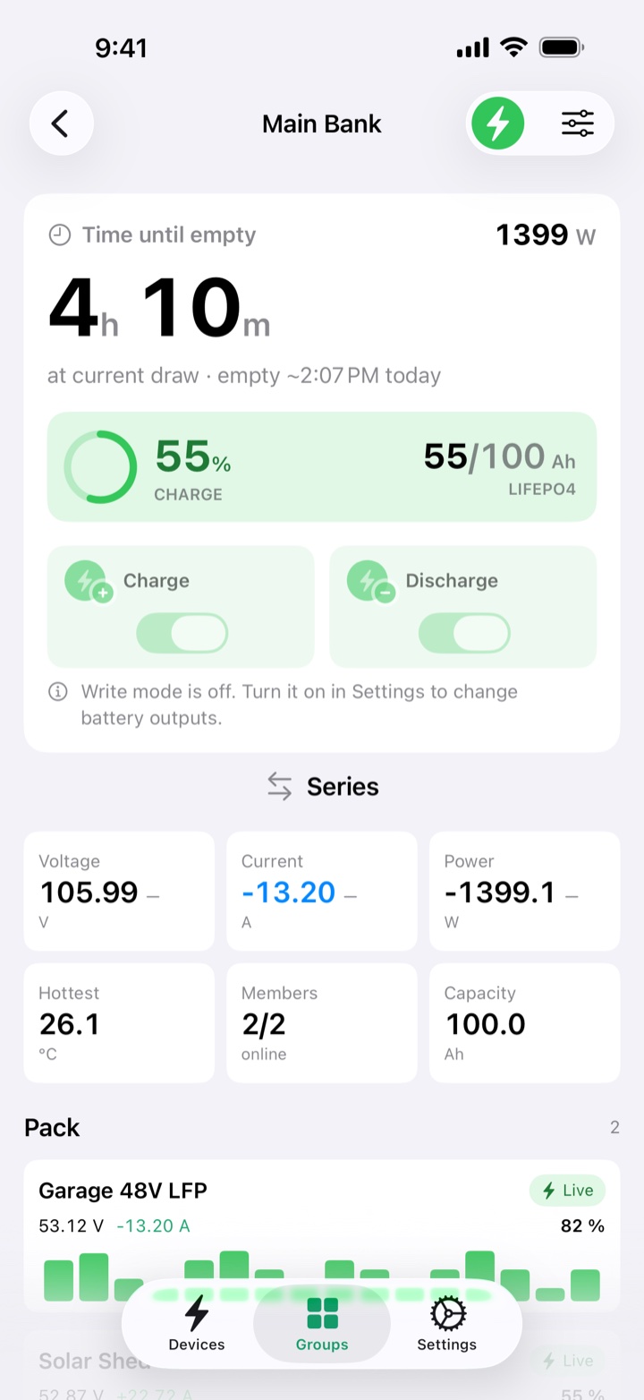Group page combining two 48 volt packs in series: total voltage, current, and state of charge