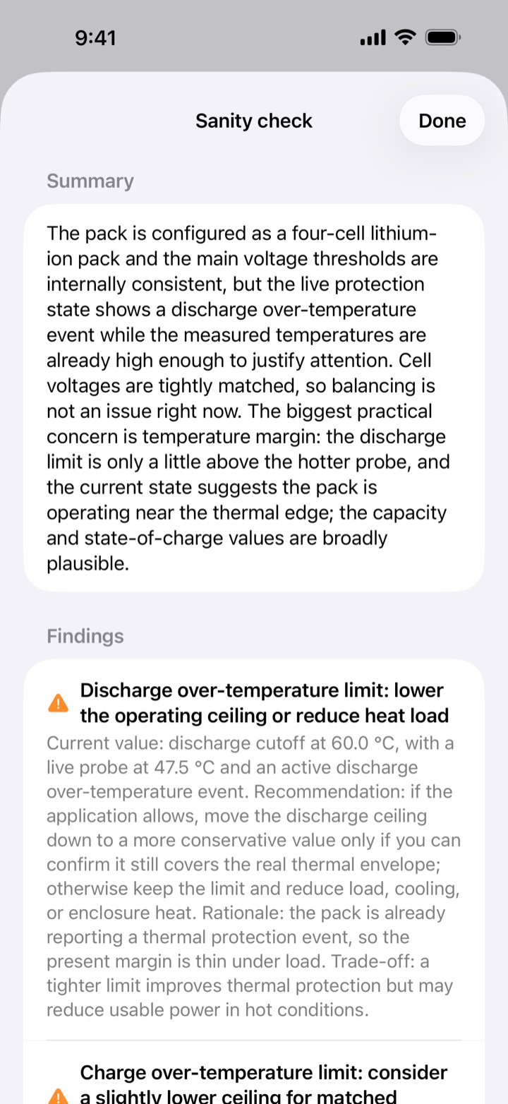 Sanity Check report: a written summary of pack condition, then a graded finding with rationale