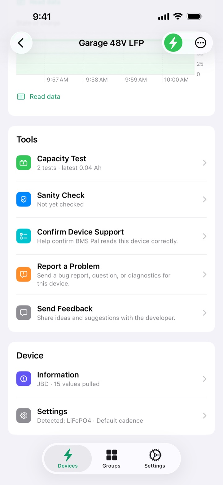 Tools on a device page: Capacity Test, Sanity Check, Confirm Device Support, and feedback buttons