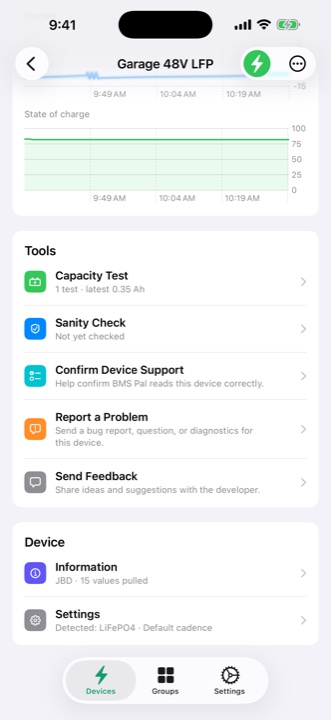 Tools on a device page: Capacity Test, Sanity Check, Confirm Device Support, and feedback buttons
